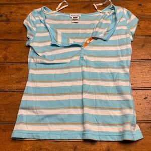 Y2K Energie Sheer Striped Button Short Sleeve Top Size Large Blue White Orange